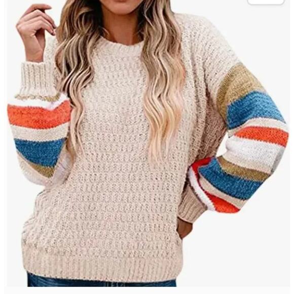 New Umgee L Pink Orange Blue Striped Sleeve Knit Sweater Crew Ribbed Chunky Knit - Picture 10 of 10